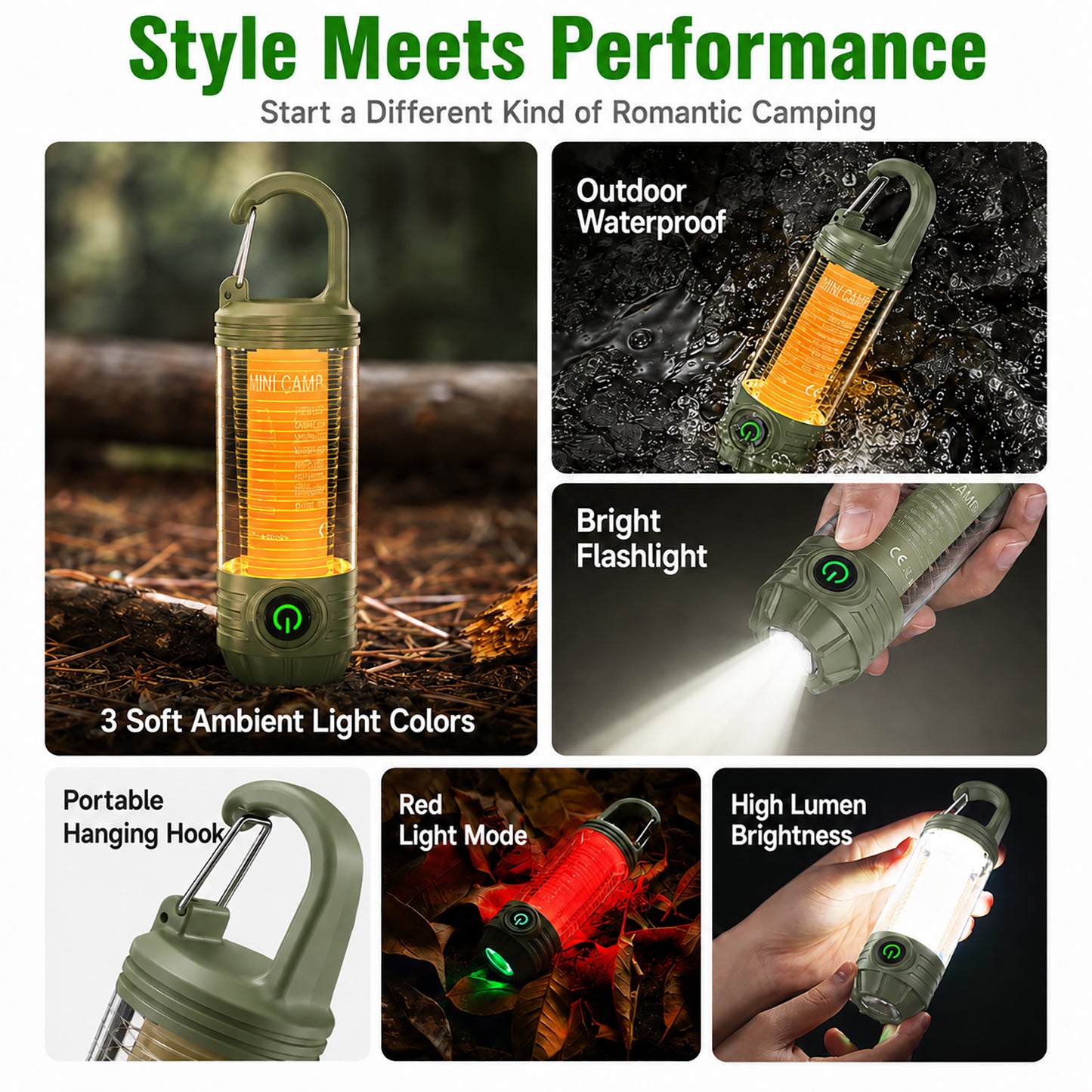 DONORISHA Rechargeable Camping Lantern Flashlight with Hook, 6 Modes